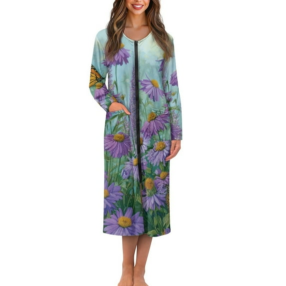 FKELYI Purple Daisy Flower Lavender Print Women Zip Up Robe Nightgowns Comfy House Coats Full Length Breathable Sleepwear House Dress Long Sleeve Bathrobe with 2 Pockets, L