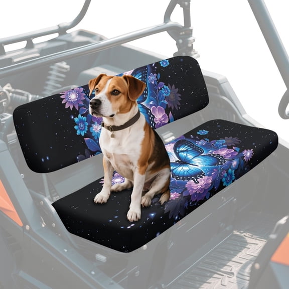 FKELYI Purple Flower Blue Butterfly Print UTV Seat Covers Compatible with Polaris Ranger XP 1000 Dustproof ATV Bench Cover Washable Backrest Protector UTV Interior Decor