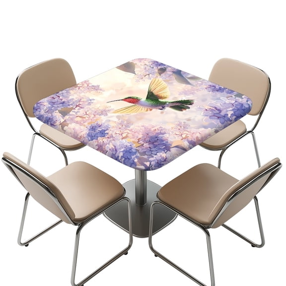FKELYI Purple Hydrangea Floral Hummingbird Print Square Tablecloth Outdoor Table Cover with Elastic Edge Square Fitted Table Cloths for Kitchen Dining Room Decoration, 36x36 inch