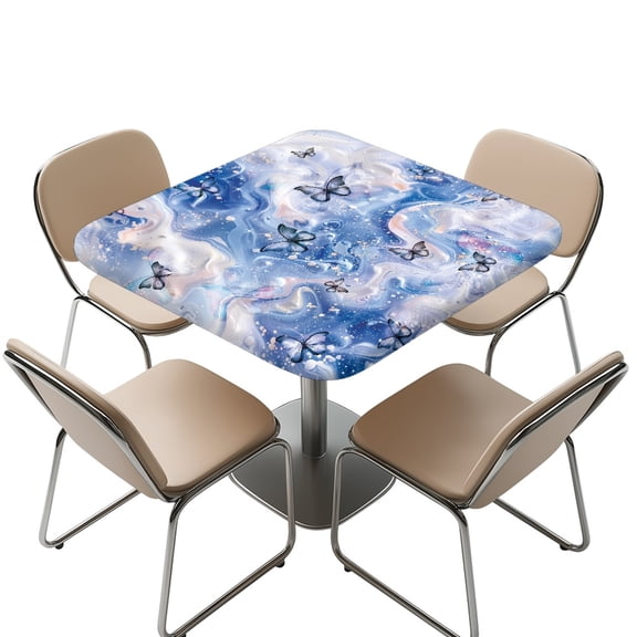 FKELYI Purple Marble Texture Butterfly Print Square Fitted Table Cover Elastic Tablecloth Stretch Fabric Removable Card Tables Top Cover for Dining Kitchen Home Party, 34x34 inch