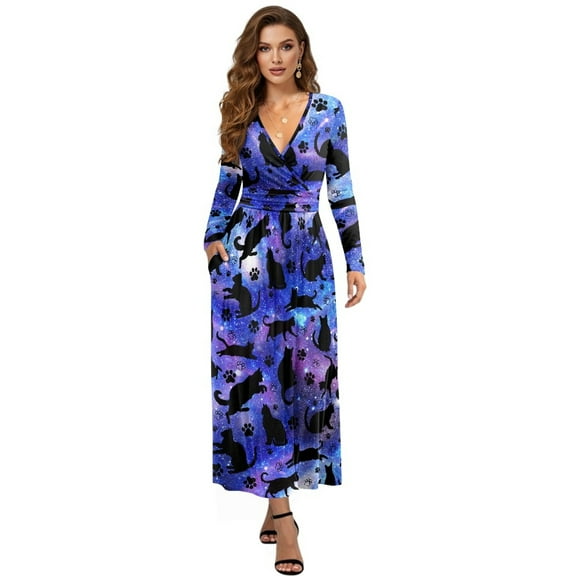 FKELYI Purple Starry Black Cat Print Womens Fall Dress Long Sleeve Maxi Dress for Wedding Party Casual Outdoor Cloth V Neck Soft Dresses with Pocket, XL