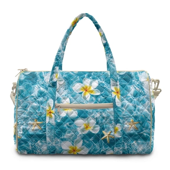 FKELYI Quilted Duffel Bag for Women Weekender Bag Carry On Overnight Luggage Bags Cool Starfish Frangipani Flower Print Lightweight Gym Bag with Zipper Pockets for Men