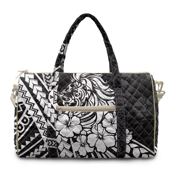 FKELYI Quilted Travel Duffel Bag Lightweight Weekender Overnight Bag with Zipper Pockets Polynesian Hibiscus Flower Black Print Carry On Luggage Bags for Women Men Gym Bags