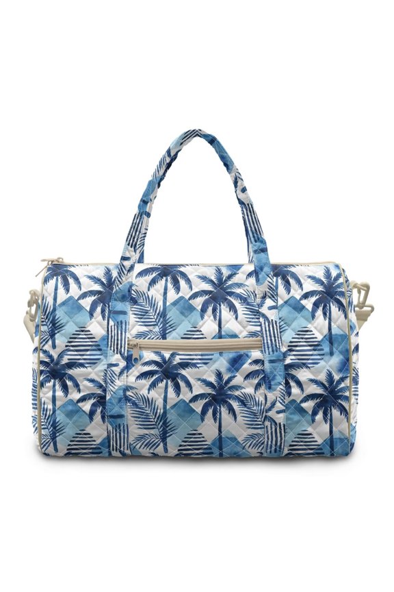 Quilted Travel Duffel Bag Weekender Overnight Bag for Women Men Blue Tropical Palm Tree Print Lightweight Luggage Bags Women Hospital Bag for Labor & Delivery