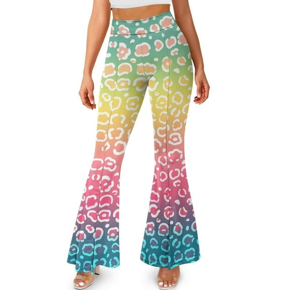 FKELYI Rainbow Leopard Print Bell Bottom Leggings Women's High Waist Yoga Pants with Wide Leg Flare Yoga Leggings Tummy Control Sweatpants Athleticwear for Hiking Running, XS
