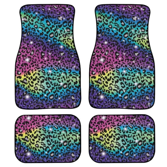 FKELYI Rainbow Leopard Print Car Floor Mat 4 Packs Waterproof Car Floor Mat Clips for Car Van SUV Anti-Skid Rubber Car Floor Mat Bench for Women Men