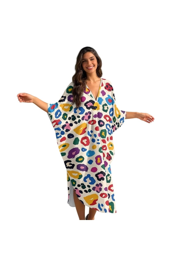 Rainbow Leopard Print Summer Coverup for Women Kaftan Beach Cover Up Batwing Sleeves Maxi Beach Dress Vacation Beachwear Plus Size Loungewear for Vacation