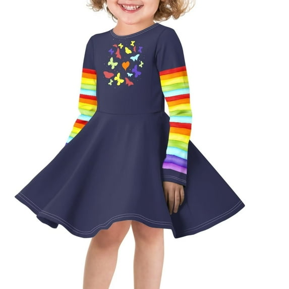 FKELYI Rainbow Long Sleeve Dress Size 11-12 Casual Heart Butterfly Kids Swing Skater Dress Lightweight Long Sleeve Dress for Teen Girls