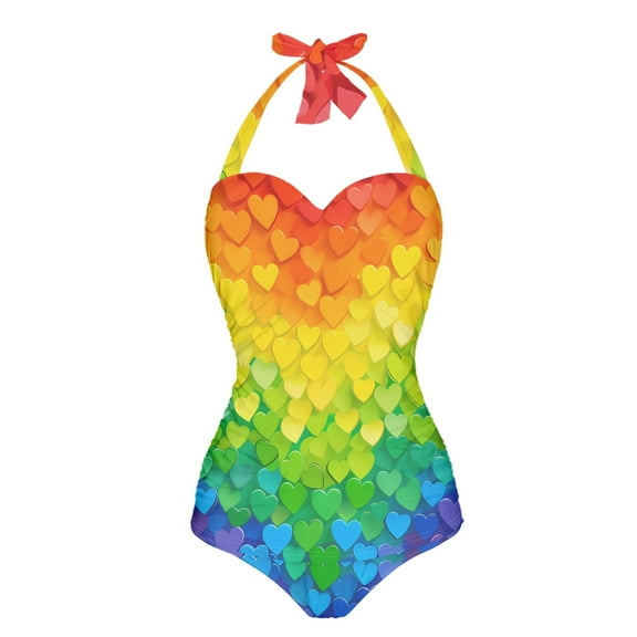 FKELYI Rainbow Love Print Women Swimsuits One Piece Bikini Swimwear Halter Bathing Suits with Soft Pad Polyester Beachwear Tummy Control Monokini for Ladies Summer Swimming Surfing, L