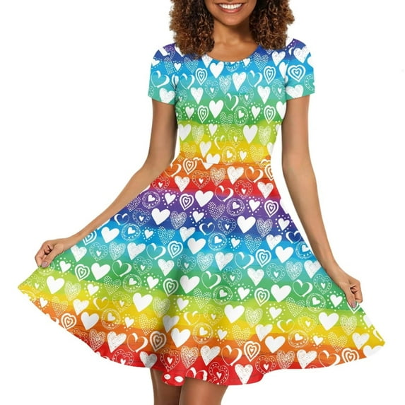 FKELYI Rainbow Short Sleeve Dress Size 2XL Soft Heart Print Short Sleeve Dresses for Women Casual Valentine's Day Dresses for Women Knee Length