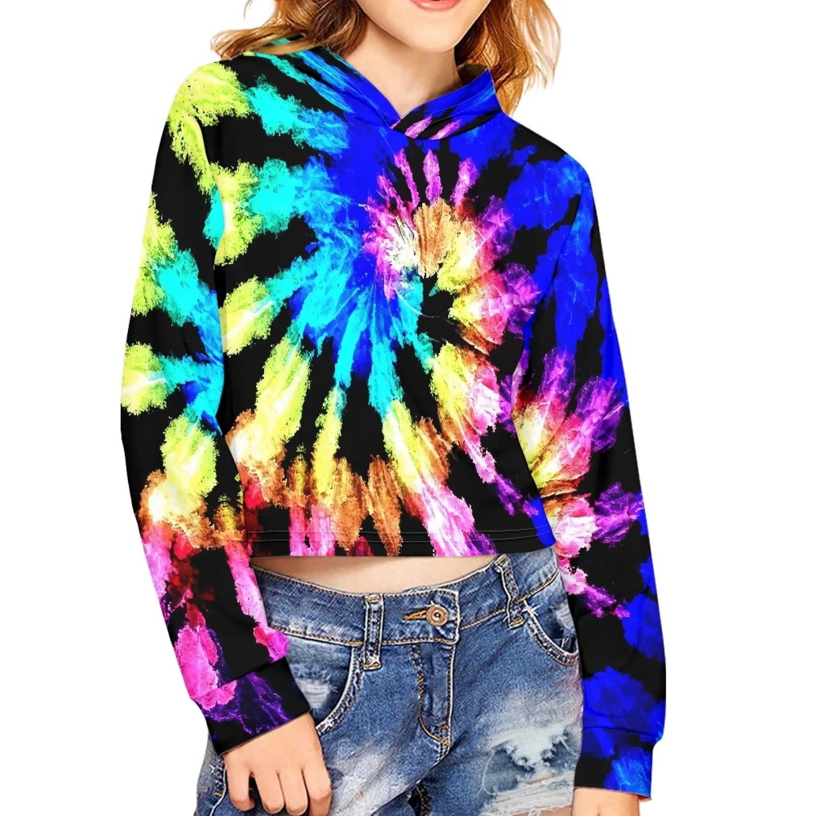 FKELYI Rainbow Tie Dye Crop Tops Hoodies Girls Size 11 12 Years Comfortable Party Hooded Pullover for Kids Stretchy Daily Life Long Sleeve Sweater