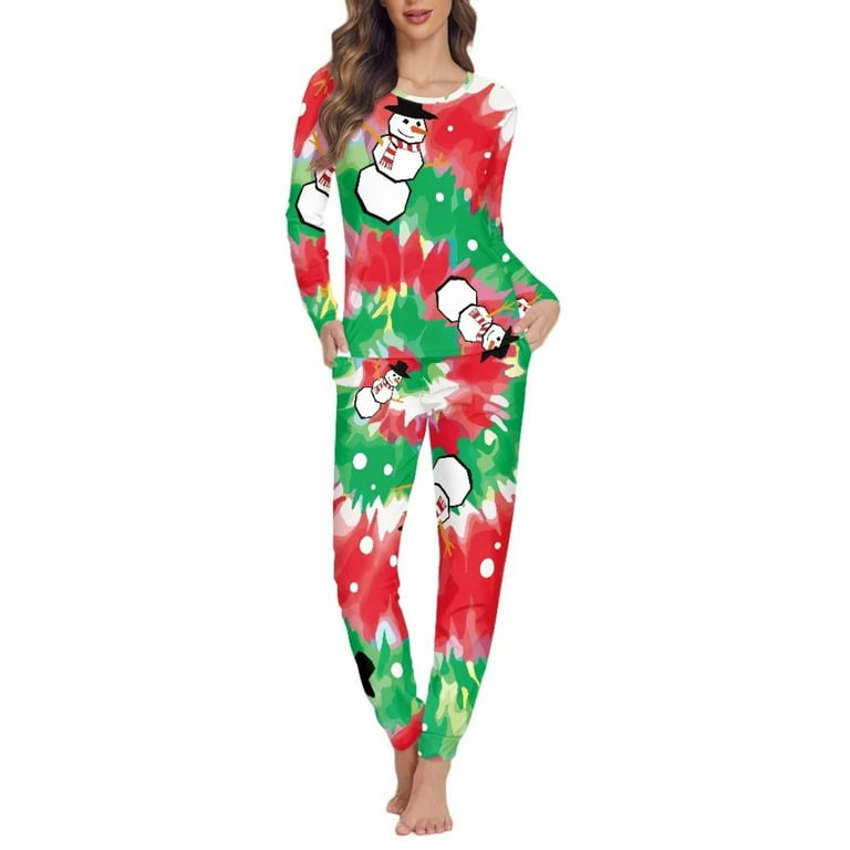 FKELYI Rainbow Tie Dye Pajama Set of 2 Size XS Comfortable Christmas Snowman Party Pajamas for Ladies Leisure Round Neck Pajamas Top and Pants