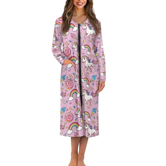 FKELYI Rainbow Unicorn Donut Pink Print Women Zip Up Robe Nightgowns Comfy House Coats Full Length Breathable Sleepwear House Dress Long Sleeve Bathrobe with 2 Pockets, 2XL