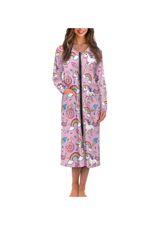 Rainbow Unicorn Donut Pink Print Women Zip Up Robe Nightgowns Comfy House Coats Full Length Breathable Sleepwear House Dress Long Sleeve Bathrobe with 2 Pockets, M