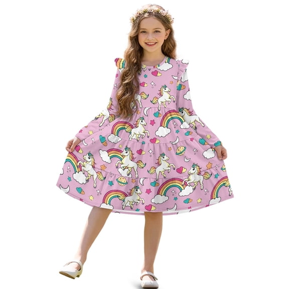 FKELYI Rainbow Unicorn Print Girls Ruffle Sleeve Dress A Line Twirly Dress for Kids Midi Soft Fall Dresses Patchwork Playwear Sundress, 9-10 Y
