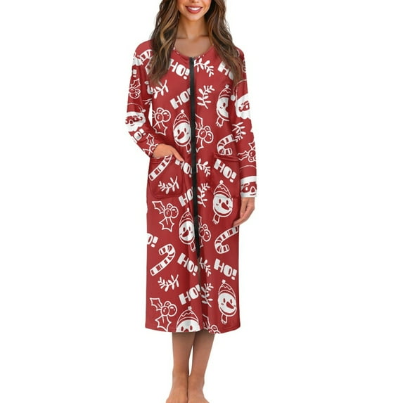 FKELYI Red Christmas Snowman Candy Print Women Zip Up Robe Nightgowns Comfy House Coats Full Length House Sleepwear Dress Long Sleeve Bathrobe with 2 Pockets, XL
