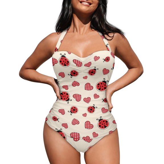 FKELYI Red Ladybird Love Print One Piece Swimwear for Women V Neck Swimsuit with Soft Pads Tummy Control Bathing Suit Breathable Beachwear for Lady Summer Vacation Swimming, M