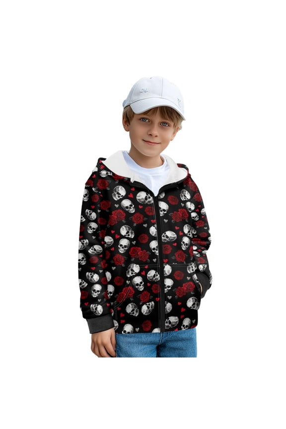 Red Rose Skull Love Print Kids Zip-Up Hoodies with Pockets Fleece Sweatshirt Jacket for Boys Girls Breathable Fall Winter Clothes for Travel Sport, M