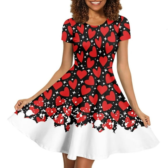 FKELYI Red Short Sleeve Dress Lightweight Valentine's Day Dresses for Women Knee Length Soft Love Heart Twirl Swing Dresses Size L