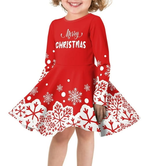 FKELYI Red Snowflake Long Sleeve Dresses Lightweight Teenage Girls Dresses Size 11-12 Years Merry Christmas Casual Midi Length Dress for Kids Girls