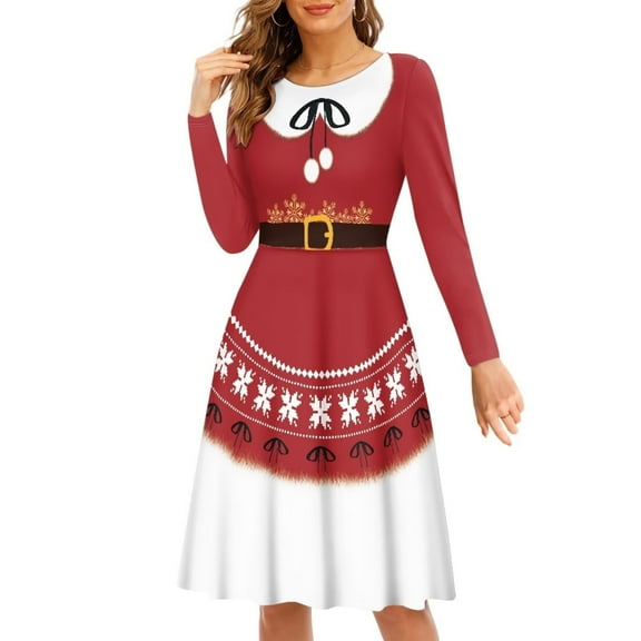 FKELYI Red Snowflake Women Dresses Size 3XL Leisure Swing Party Dress,Christmas Gift,Comfortable Long Sleeve Dress for Women Wedding Guest