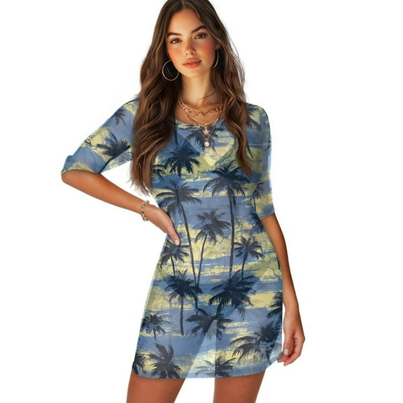 FKELYI Retro Blue Palm Tree Print Women Swimwear Cover Ups Round Neck Swimsuit Cover-Up Breathable Half-Sleeve Beachwear for Femals Summer Vacation Beach Dress, S
