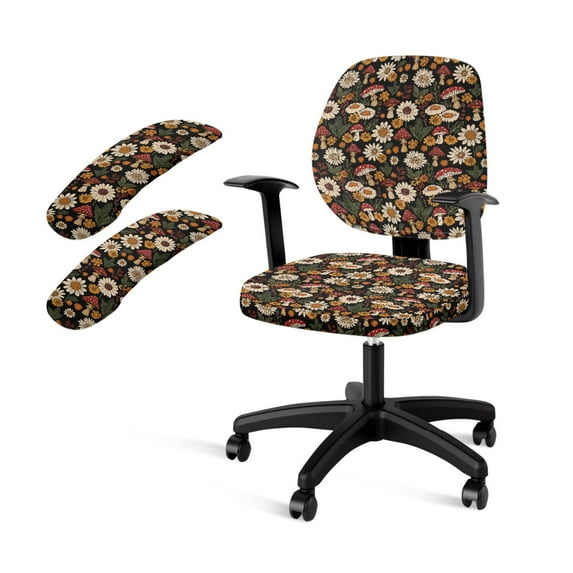 FKELYI Retro Daisy Mushroom Print 2 Pcs Office Chair Slipcovers with 2 Pcs Armrest Covers Elastic Fabric Washable Rotating Gaming Chair Protective Cover for Home Office