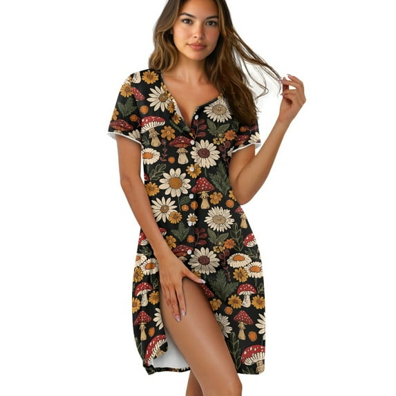 FKELYI Retro Daisy Mushroom Print Button Down Nightgowns Women Soft Sleepwear Dress Breathable Nightshirt Dress Pajama Dress Nightwear Short Sleeve Dress for Summer, 2XL