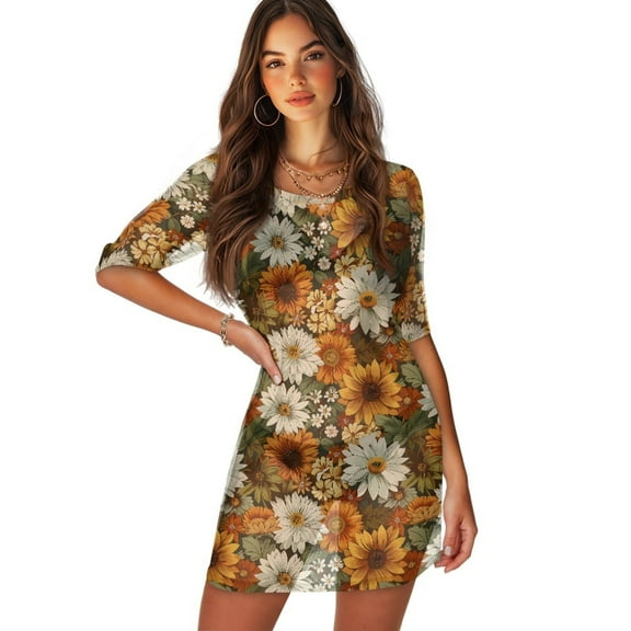 FKELYI Retro Daisy Sunflower Print Swimwear Cover Ups for Women Half-Sleeve Cover Up for Bathing Suits Summer Beach Kafrtan Dress Soft Sheer Fabric Vacation Outfits, S