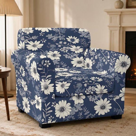 FKELYI Retro Floral Blue Print Stretch Armchair Slipcover 2 Pcs Set Couch Sofa Cover with Separate Cushion Cover Non-Slip Furniture Protector Washable Living Room Decor