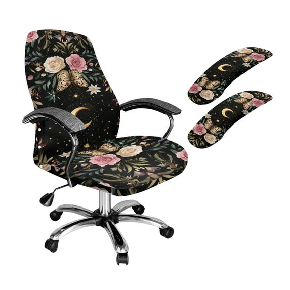 FKELYI Retro Floral Butterfly Moon Print Office Chair Slipcover Armchair Cover with 2 Piece Armrest Covers Anti-Dust Soft Swivel Boss Chair Protector, Large