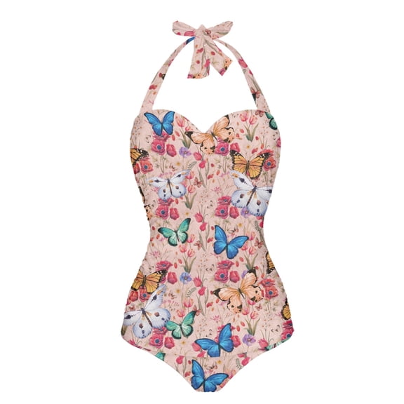 FKELYI Retro Floral Butterfly Print One Piece Swimsuit Women's Cosy Swimwear Halter Bathing Suit Tummy Control Monokini with Soft Pad for Ladies Teens Swimming Surfing, 2XL