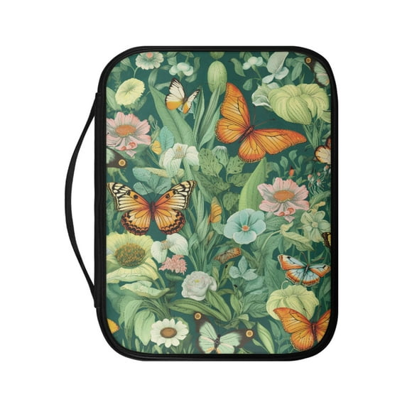 FKELYI Retro Floral Butterfly Print PU Leather Bible Cover with Handle Book Cover Zippered Church Bible Bag for Prayer Christian Bag Book Carrier Organizer Holder