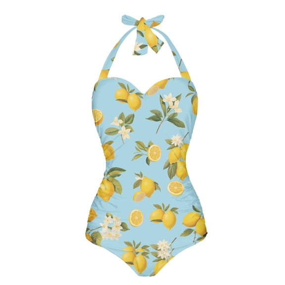 FKELYI Retro Floral Lemon Print Women Swimsuits One Piece Bikini Swimwear Halter Bathing Suits with Soft Pad Polyester Beachwear Tummy Control Monokini for Ladies Summer Vacation, M