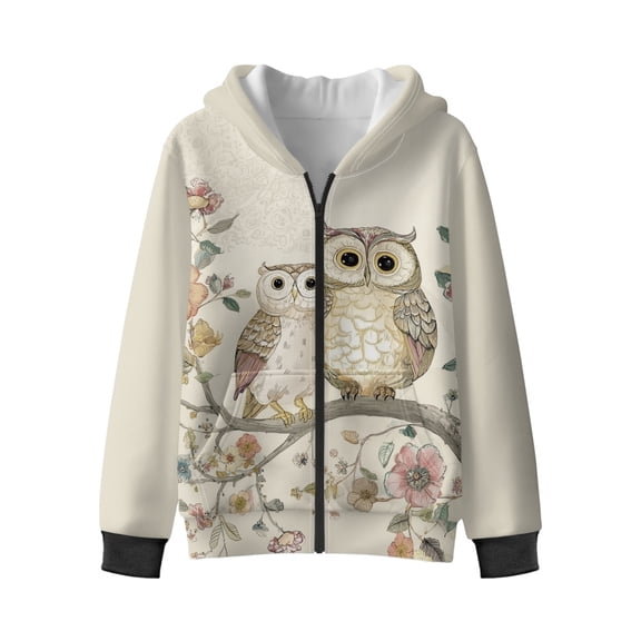 FKELYI Retro Floral Owl Leaf Print Zip Up Hoodies for Kids Fall Sweatshirt Jacket with Side Pockets Winter Activewear Top for Boys Girls Cosy Hooded Clothes, XL