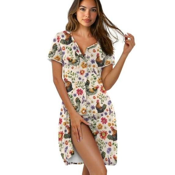 FKELYI Retro Floral Rooster Print Button Down Nightgowns Women's Nightdress Crew Neck Sleepwear Dress Skin-Friendly Pajama Dress Short Sleeve House Dress for Sleeping Lounging, S