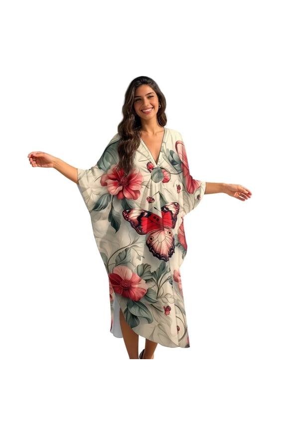 Retro Flower Butterfly Print Womens Kaftan Plus Size Swimwear Coverup for Summer Beach Cover Up Batwing Sleeves Beachwear V Neck Maxi Beach Dress Loungewear