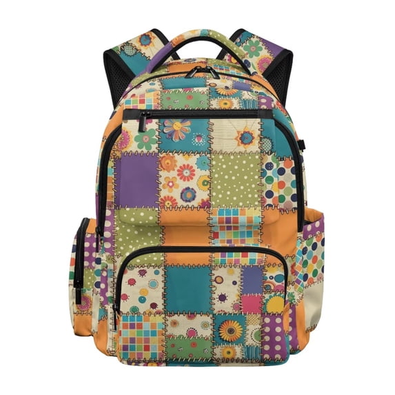 FKELYI Retro Flower Plaid Print 17 Inch Schoolbag for Girls Primary School Bookbag Kids Backpack with Multi-Pockets Lightweight Casual Daypack Travel Rucksack