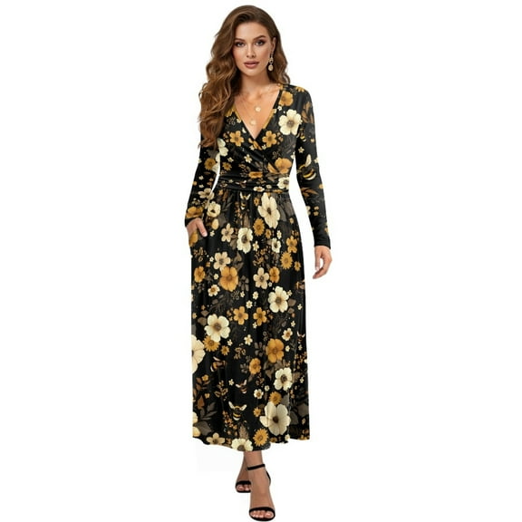 FKELYI Retro Flower Print Womens Fall Dress Long Sleeve Maxi Dress for Wedding Party Casual Outdoor Cloth V Neck Soft Dresses with Pocket, M