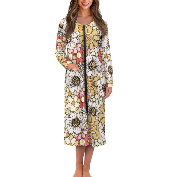 FKELYI Retro Flower Print Zipper Front Robes for Women Nightgowns Comfy Nightwear Dress with 2 Pockets Long Sleeve Bathrobes Breathable Fall Winter Zippered Housecoat, 3XL
