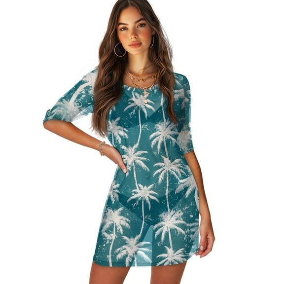 FKELYI Retro Green Plam Tree Print Women's Swimsuit Cover Up Chiffon Fabric Bathing Suit Cover Ups Breathable Coverup Half Sleeve Beachwear Dress for Summer Vacation Party, 2XL