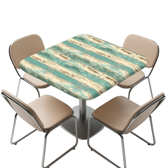 FKELYI Retro Green Stripe Plank Print Square Tablecloth Outdoor Table Cover with Elastic Edge Anti-Dust Square Fitted Table Cloths for Kitchen Dining Room Decoration, 34x34 inch