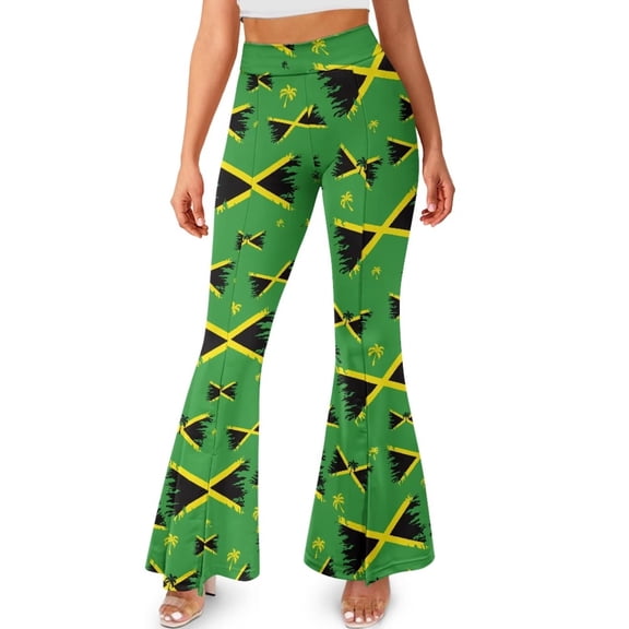 FKELYI Retro Jamaican Flag Print Women's Leggings Pants Flared Leggings Bootcut Yoga Pants with Wide Leg Bell Bottom Yoga Leggings for Girls Workout High Waist Casual Sweatpants, XL