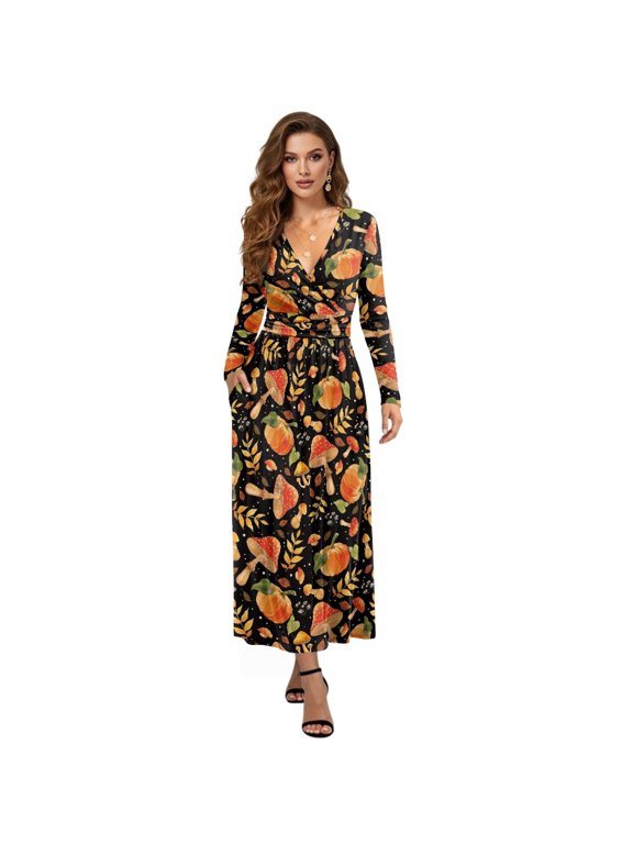 Retro Leaf Mushroom Print Long Sleeve Maxi Dress for Women V-Neck Soft Casual Dress Flowy A-Line Dresses with Side Pockets for Party Wedding, S