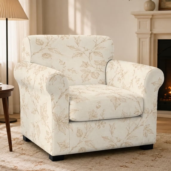 FKELYI Retro Leaf Print 2 Pcs Stretch Armchair Slipcover with Individual Cushion Cover Non-Slip Furniture Protector for Living Room Couch Sofa Covers