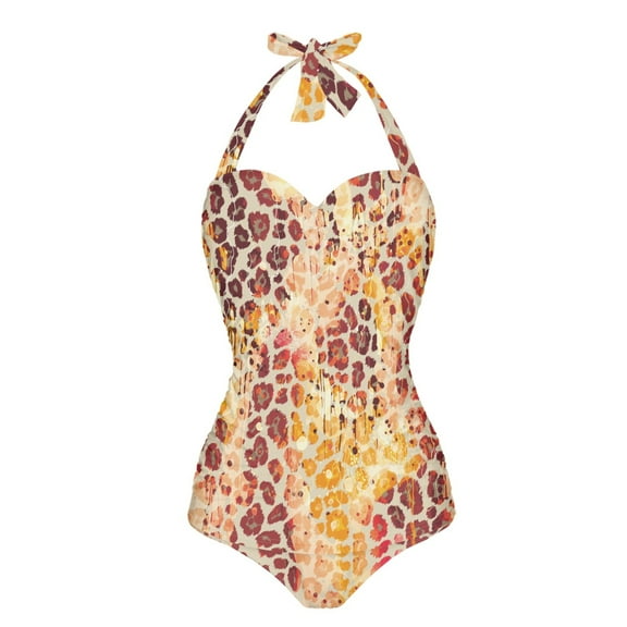 FKELYI Retro Leopard Print Bikini Swimwear Polyester Swimsuits Women's V Neck Bathing Suits with Soft Pad Cosy Monokini Tummy Control Beachwear for Ladies Swimming Surfing, 2XL