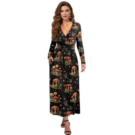 FKELYI Retro Mushroom Starry Print Womens Maxi Dress for Fall Casual Dress A-Line Tiered Flowy Long Sleeve Dresses with Side Pockets for Wedding Guest, L