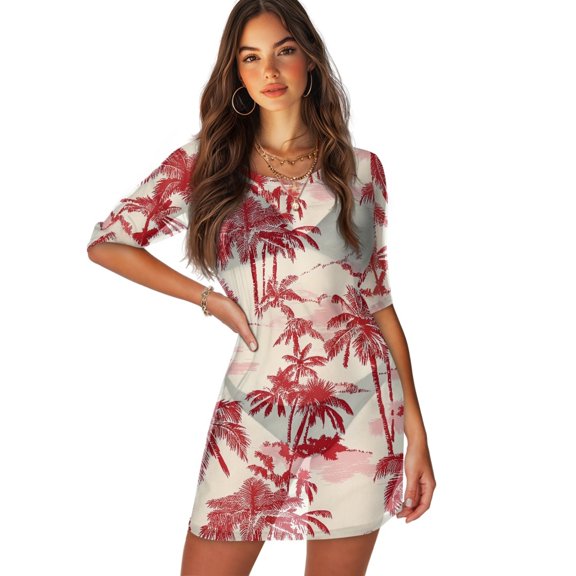 FKELYI Retro Red Palm Tree Print Women Cover Ups for Summer Round Neck Cover-Up Breathable Beachwear Flowy Swim Bikini Cover Up Half Sleeve Resort Wear for Lady Teen Girls, S