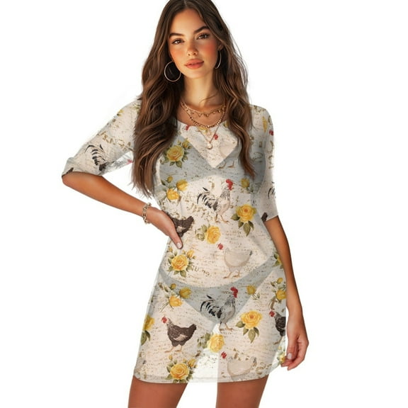 FKELYI Retro Rooster Yellow Rose Print Women's Swimwear Cover Ups Breathable Bikini Suit Cover-Up with Half Sleeve Sheer Fabric Beachwear Dress for Lady Summer Vacation Outfits, M