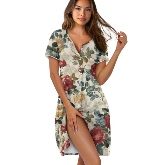 FKELYI Retro Rose Flower Print Women's Nightgown Short Sleeve Pajama Dress Soft Fabric Sleepwear Dress Button Down Sleep Shirts Breathable Boyfriend Nightdress for Spring Summer, XL